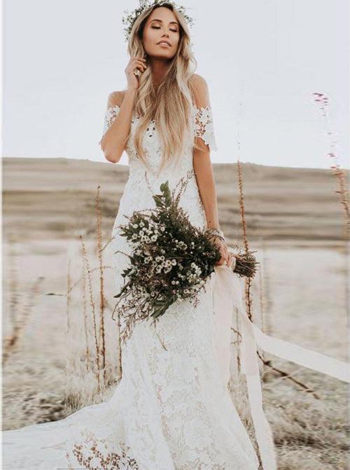 Vestido de novia de playa NumberSea con encaje estilo sirena rústico color marfil y escote ilusión, MW488