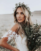 Vestido de novia de playa NumberSea con encaje estilo sirena rústico color marfil y escote ilusión, MW488
