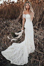 Vestido de novia de playa NumberSea con encaje estilo sirena rústico color marfil y escote ilusión, MW488