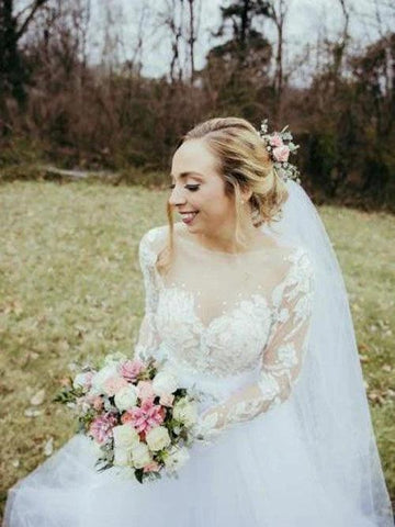 NumberSea Tulle Long Sleeve Beaded Floral Lace See Through Boho Wedding Dresses,MW489