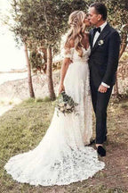 Vestidos de novia de encaje rústico color marfil NumberSea, vestidos de novia playeros con hombros descubiertos, MW490
