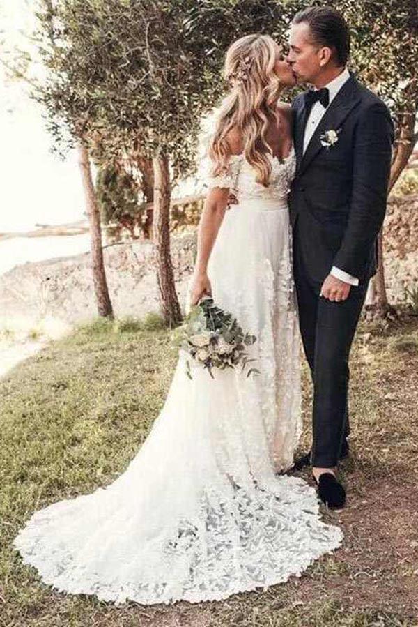 Vestidos de novia de encaje rústico color marfil NumberSea, vestidos de novia playeros con hombros descubiertos, MW490
