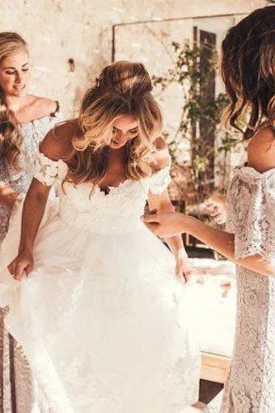 Vestidos de novia de encaje rústico color marfil NumberSea, vestidos de novia playeros con hombros descubiertos, MW490