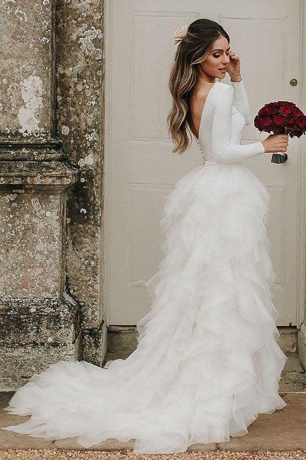 Vestido de novia sencillo NumberSea de manga larga en blanco marfil con falda con volantes, MW497