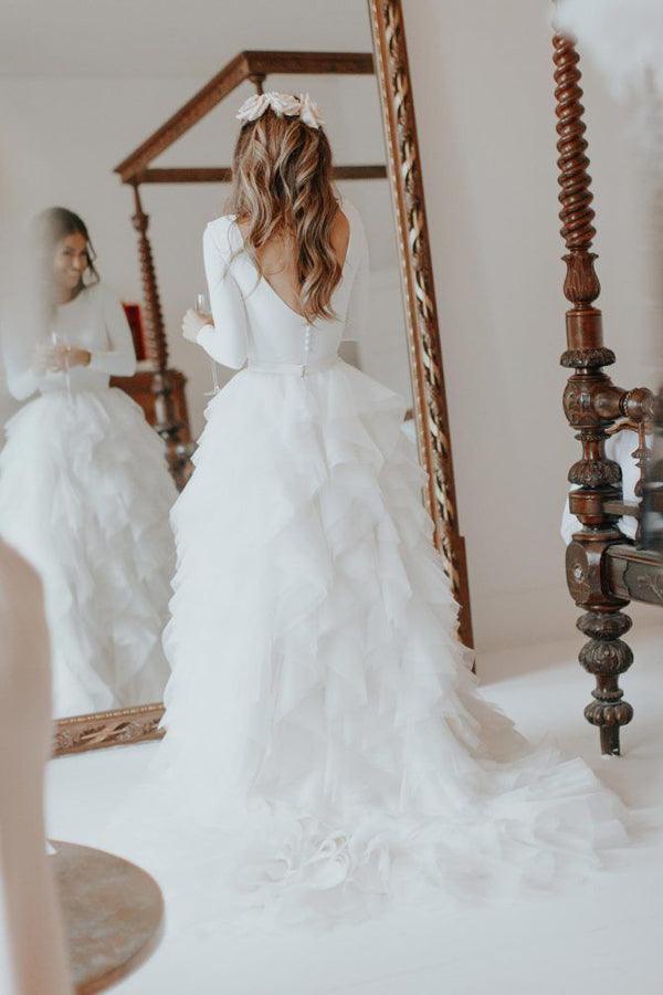 Vestido de novia sencillo NumberSea de manga larga en blanco marfil con falda con volantes, MW497