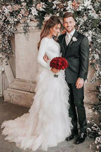 Vestido de novia sencillo NumberSea de manga larga en blanco marfil con falda con volantes, MW497