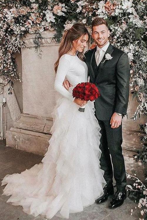 Vestido de novia sencillo NumberSea de manga larga en blanco marfil con falda con volantes, MW497