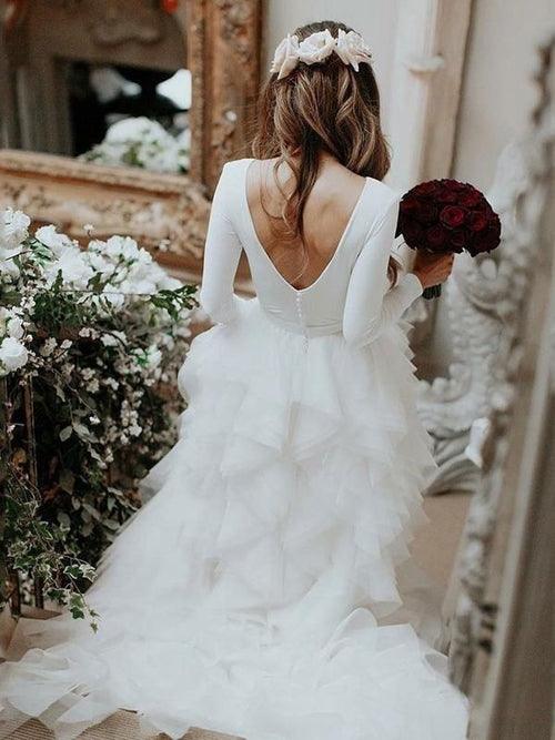 Vestido de novia sencillo NumberSea de manga larga en blanco marfil con falda con volantes, MW497