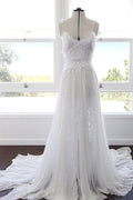 Vestido de novia playero de encaje con tirantes finos y escote corazón de gasa blanca NumberSea, MW498