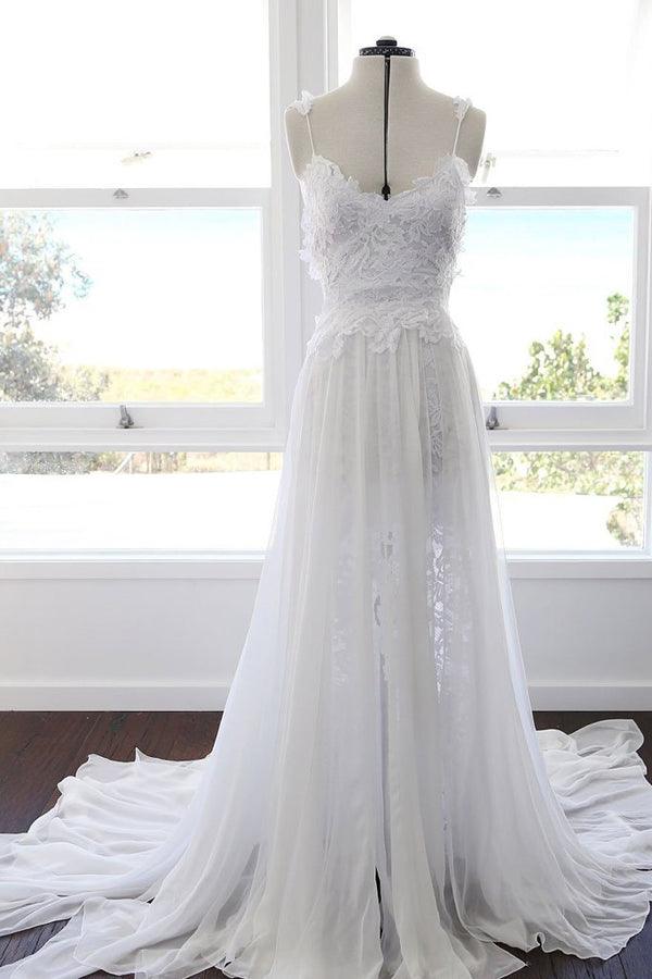 Vestido de novia playero de encaje con tirantes finos y escote corazón de gasa blanca NumberSea, MW498
