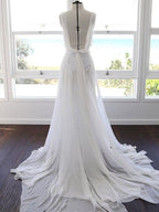 Vestido de novia playero de encaje con tirantes finos y escote corazón de gasa blanca NumberSea, MW498