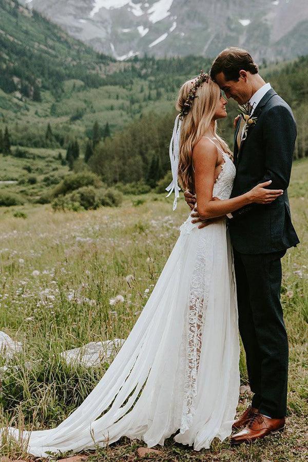 Vestido de novia playero de encaje con tirantes finos y escote corazón de gasa blanca NumberSea, MW498