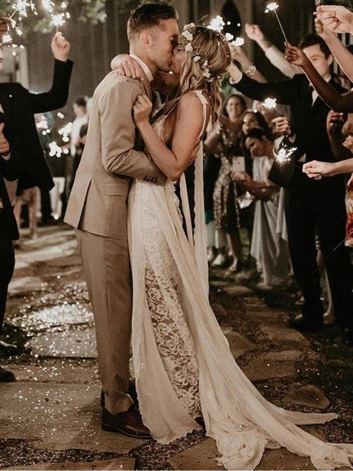 Vestido de novia playero de encaje con tirantes finos y escote corazón de gasa blanca NumberSea, MW498