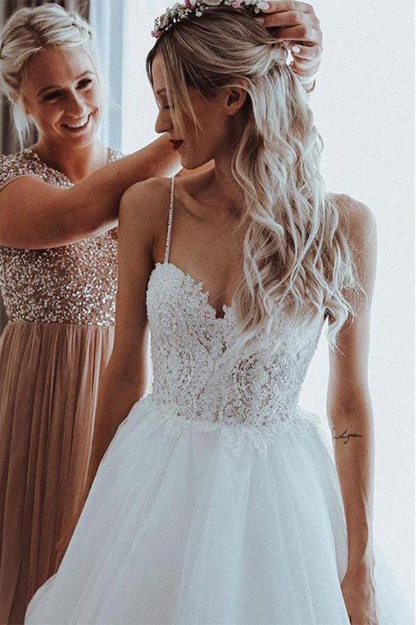 Vestidos de novia NumberSea únicos, corte A, de tul, tirantes finos y espalda descubierta, en línea, talla MW499