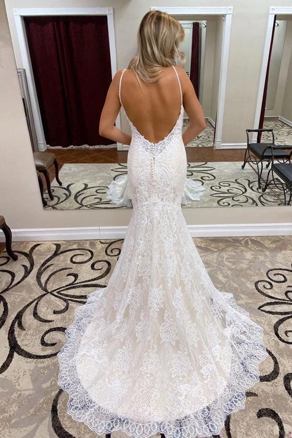 Vestido de novia NumberSea con tirantes finos, corte trompeta/sirena, encaje, espalda descubierta, MW500