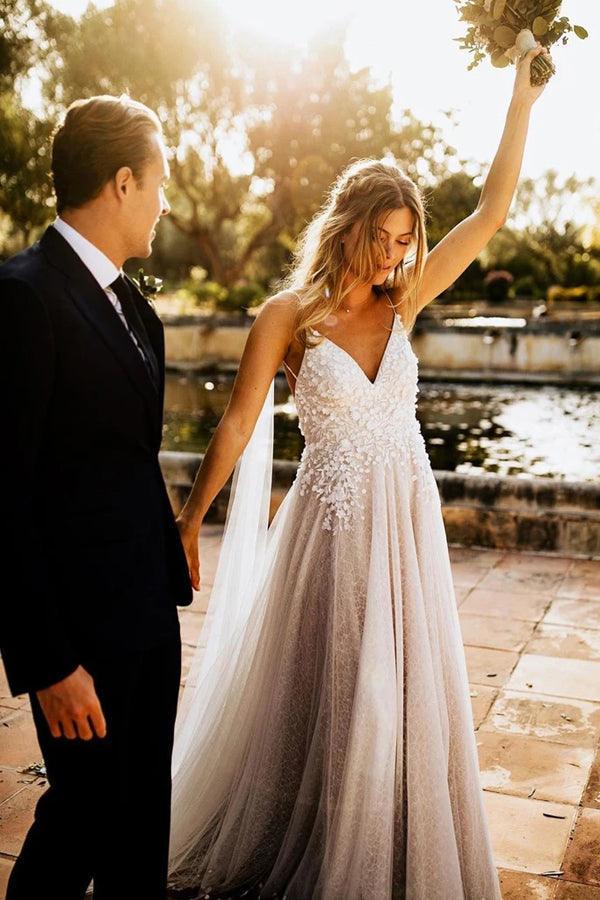 Vestidos de novia románticos con tirantes finos y espalda descubierta de tul NumberSea, MW502