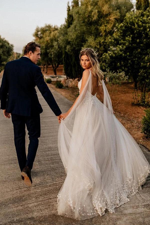 Vestidos de novia románticos con tirantes finos y espalda descubierta de tul NumberSea, MW502