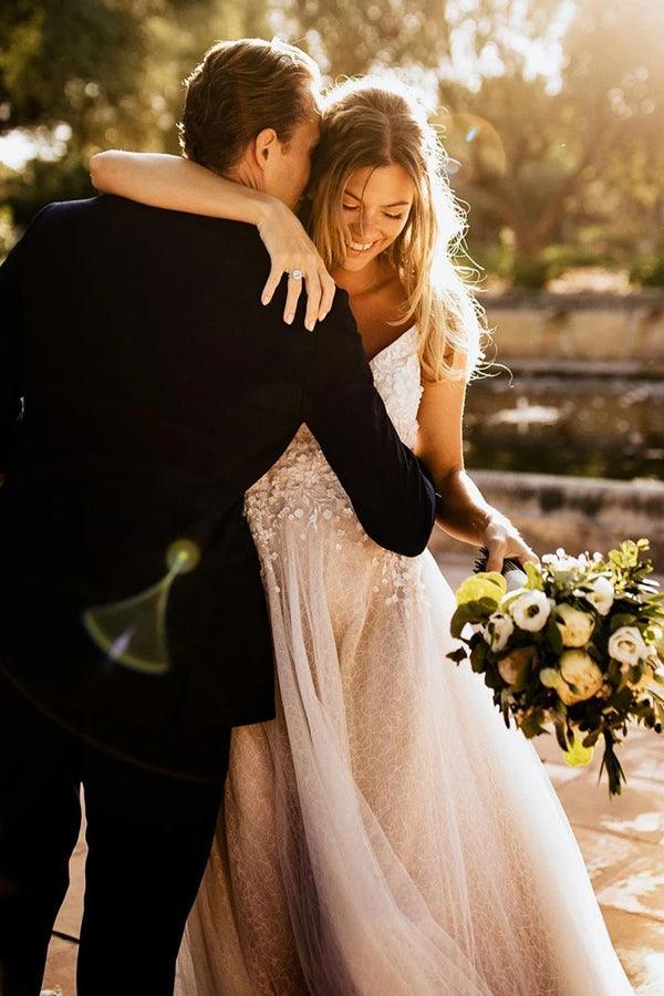 Vestidos de novia románticos con tirantes finos y espalda descubierta de tul NumberSea, MW502