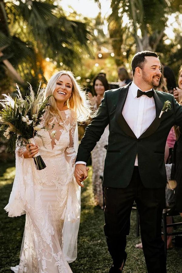 Vestidos de novia NumberSea con corte barco, manga larga, estilo bohemio, estilo campestre, MW503