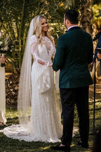 Vestidos de novia NumberSea con corte barco, manga larga, estilo bohemio, estilo campestre, MW503