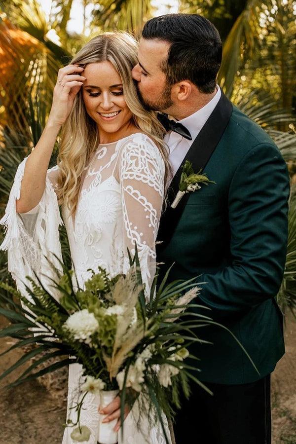 Vestidos de novia NumberSea con corte barco, manga larga, estilo bohemio, estilo campestre, MW503