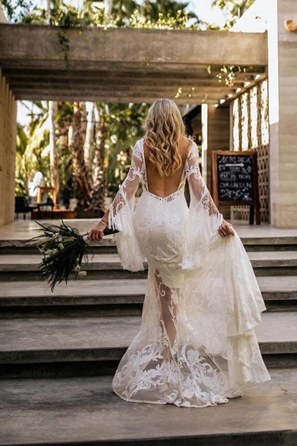 Vestidos de novia NumberSea con corte barco, manga larga, estilo bohemio, estilo campestre, MW503
