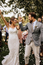Vestidos de novia de sirena con tirantes finos y encaje NumberSea, vestidos de novia románticos de encaje, MW505
