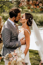 Vestidos de novia de sirena con tirantes finos y encaje NumberSea, vestidos de novia románticos de encaje, MW505