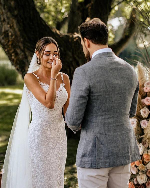 Vestidos de novia de sirena con tirantes finos y encaje NumberSea, vestidos de novia románticos de encaje, MW505