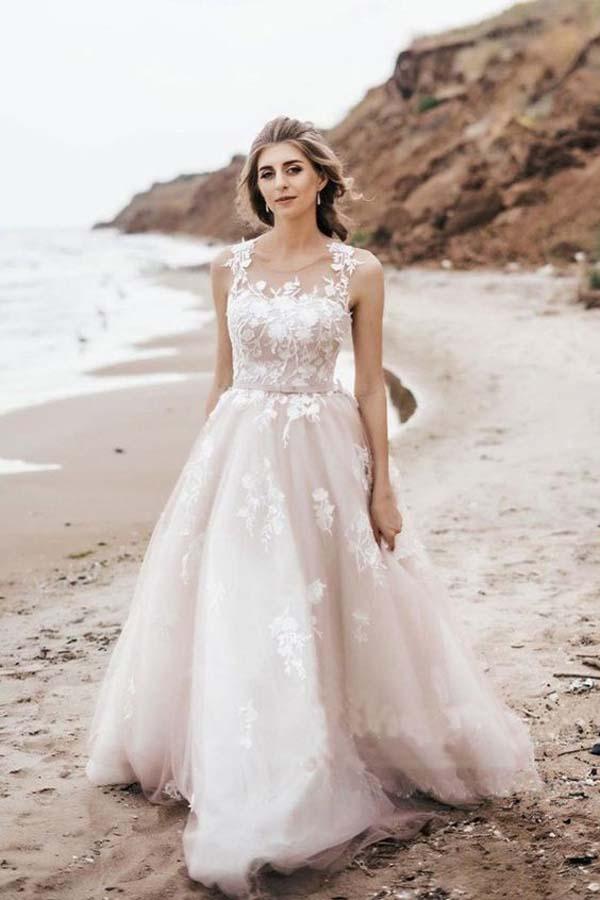 Vestido de novia vintage NumberSea con corte A, tul, encaje, escote ilusión, espalda corsé, MW508