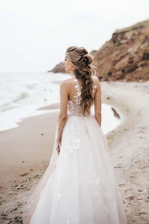 Vestido de novia vintage NumberSea con corte A, tul, encaje, escote ilusión, espalda corsé, MW508