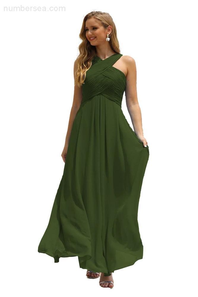 Numbersea Women Halter Chiffon Bridesmaid Dress A-line Long Formal Prom Gown SEA28015-numbersea