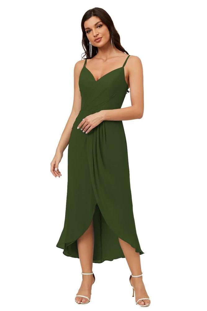 Numbersea Spaghetti Chiffon V Neck Bridesmaid Dress Mid-Length Slit Formal Prom Dress Homecoming Dress 2803-numbersea