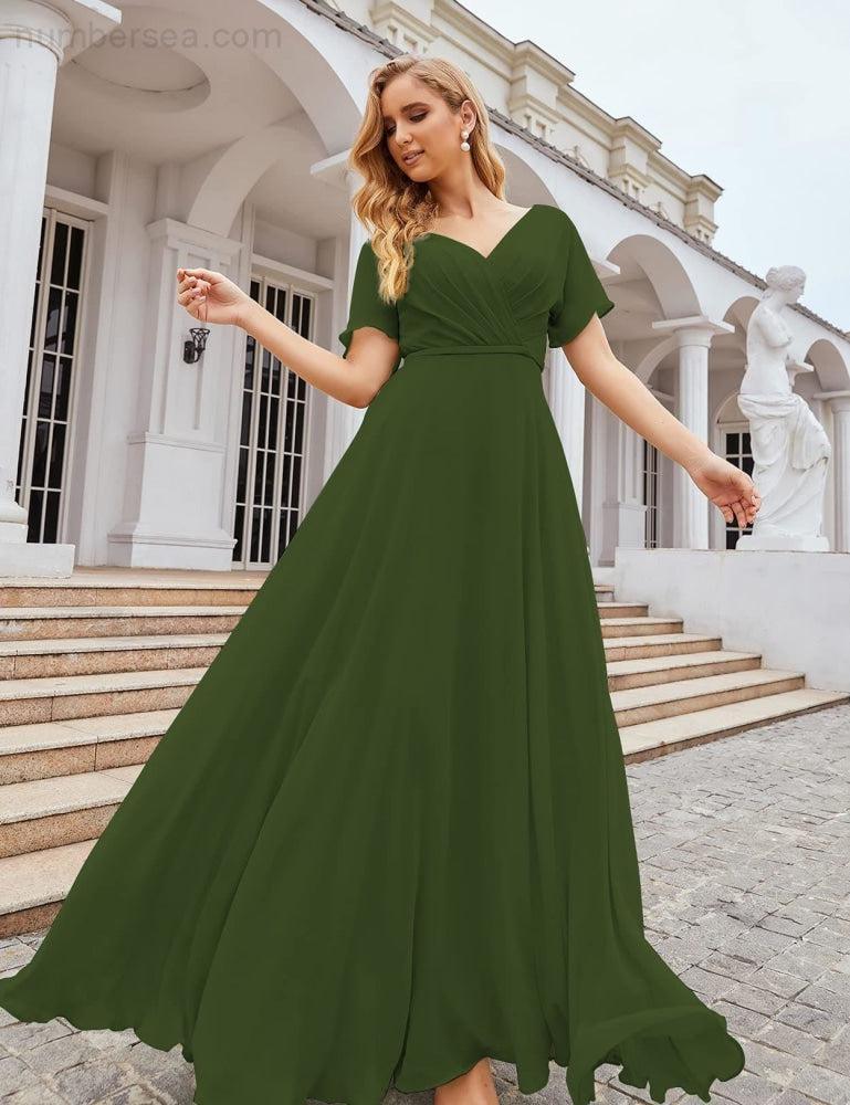 NumberSea - Numbersea Wrap V - Neck Chiffon Bridesmaid Dresses Long Formal Maxi Evening Gown for Wedding Guests SEA28049
