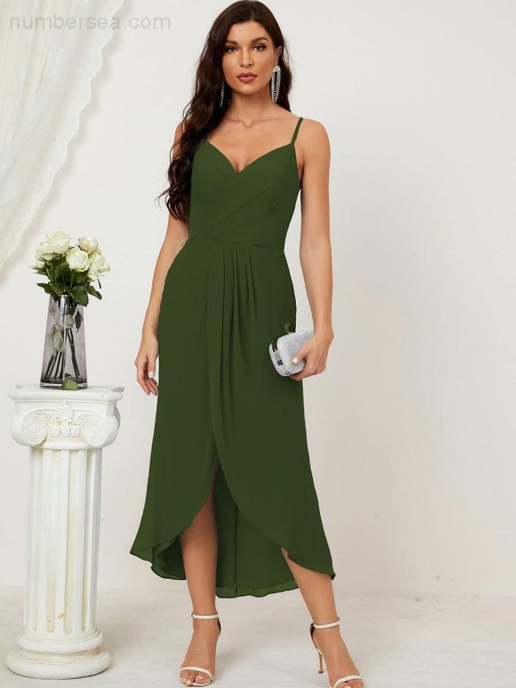 Numbersea Spaghetti Chiffon V Neck Bridesmaid Dress Mid-Length Slit Formal Prom Dress Homecoming Dress 2803-numbersea