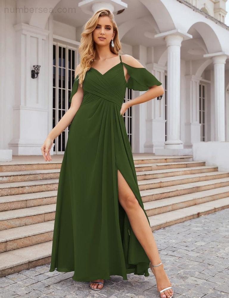 NumberSea - Numbersea Chiffon Cold Shoulder Long Bridesmaid Dresses Plus Size Formal Prom Gowns for Women Party Wedding SEA28070
