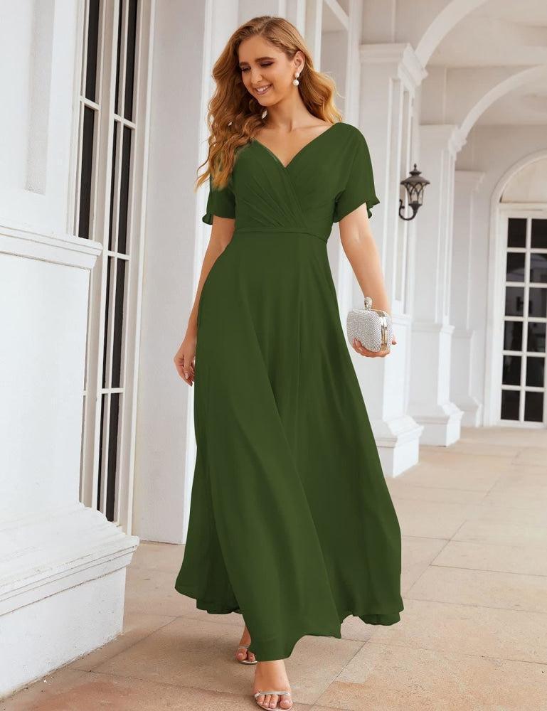 NumberSea - Numbersea Wrap V - Neck Chiffon Bridesmaid Dresses Long Formal Maxi Evening Gown for Wedding Guests SEA28049