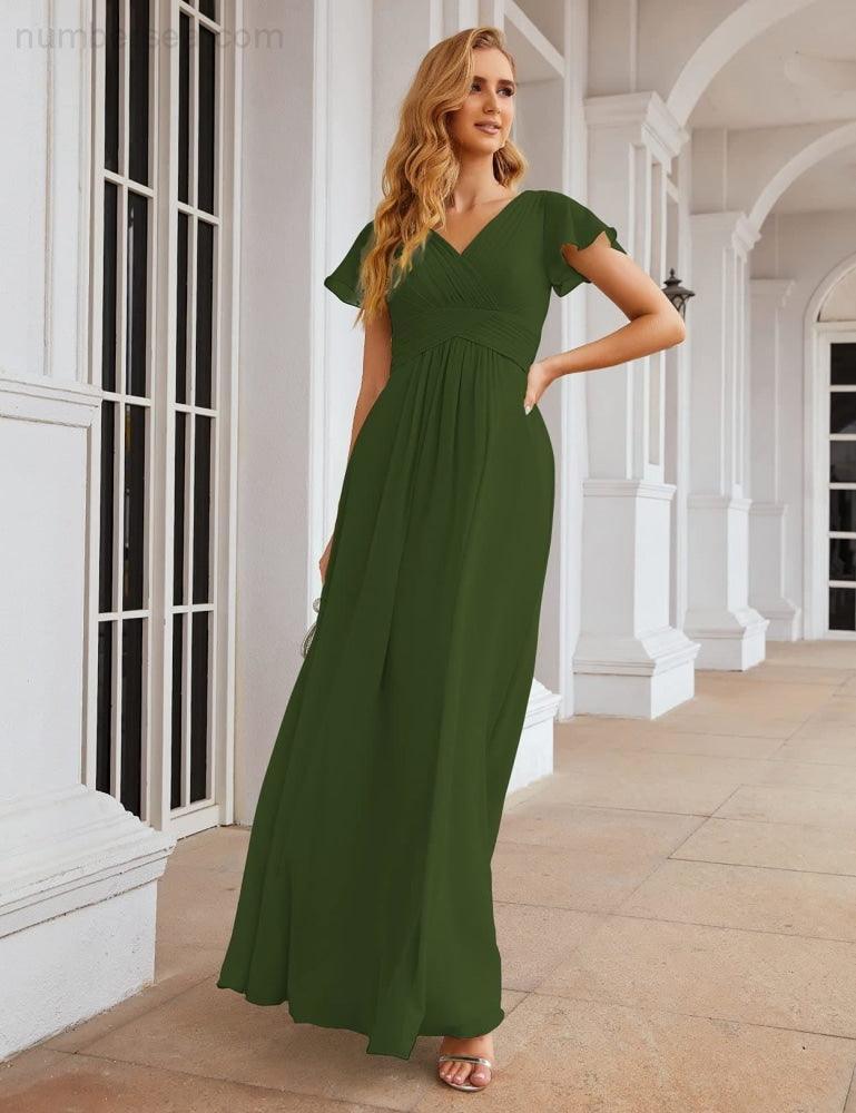 NumberSea - Numbersea Chiffon Bridesmaid Dress Cap Sleeves Maxi Prom Gowns Party Wedding Mother of The Bride Dresses for Women SEA28047