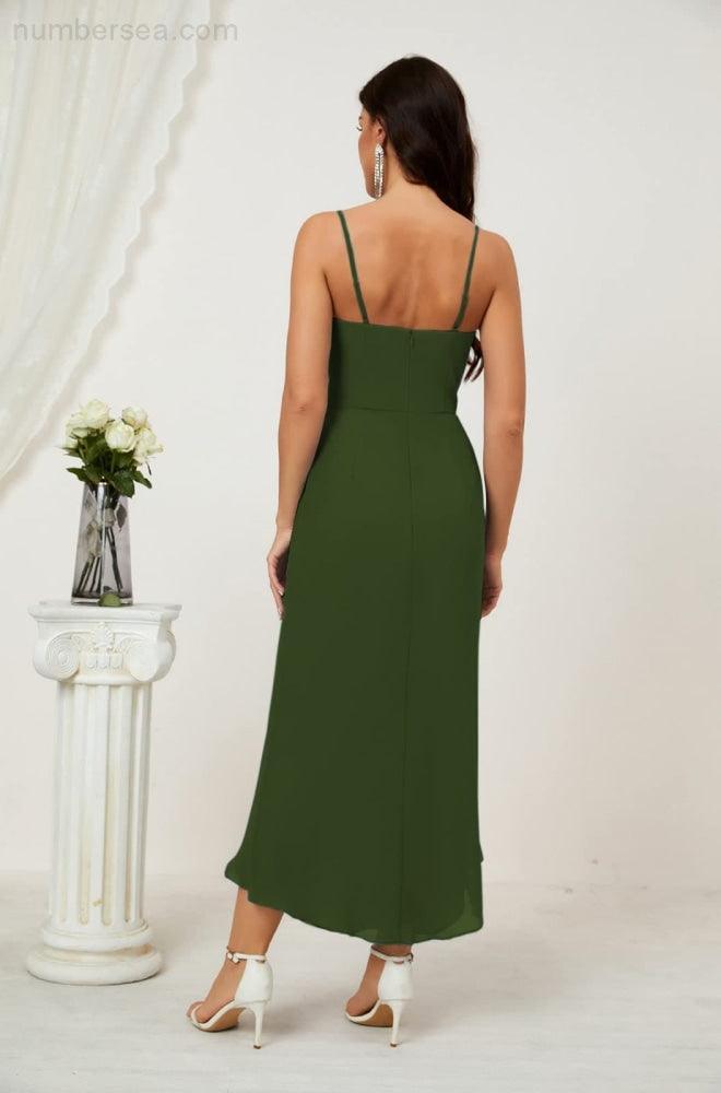 Numbersea Spaghetti Chiffon V Neck Bridesmaid Dress Mid-Length Slit Formal Prom Dress Homecoming Dress 2803-numbersea