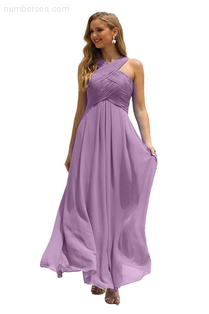 Numbersea Women Halter Chiffon Bridesmaid Dress A-line Long Formal Prom Gown SEA28015-numbersea