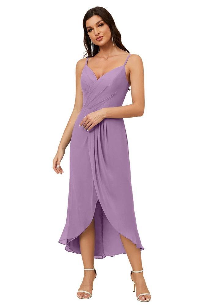 Numbersea Spaghetti Chiffon V Neck Bridesmaid Dress Mid-Length Slit Formal Prom Dress Homecoming Dress 2803-numbersea