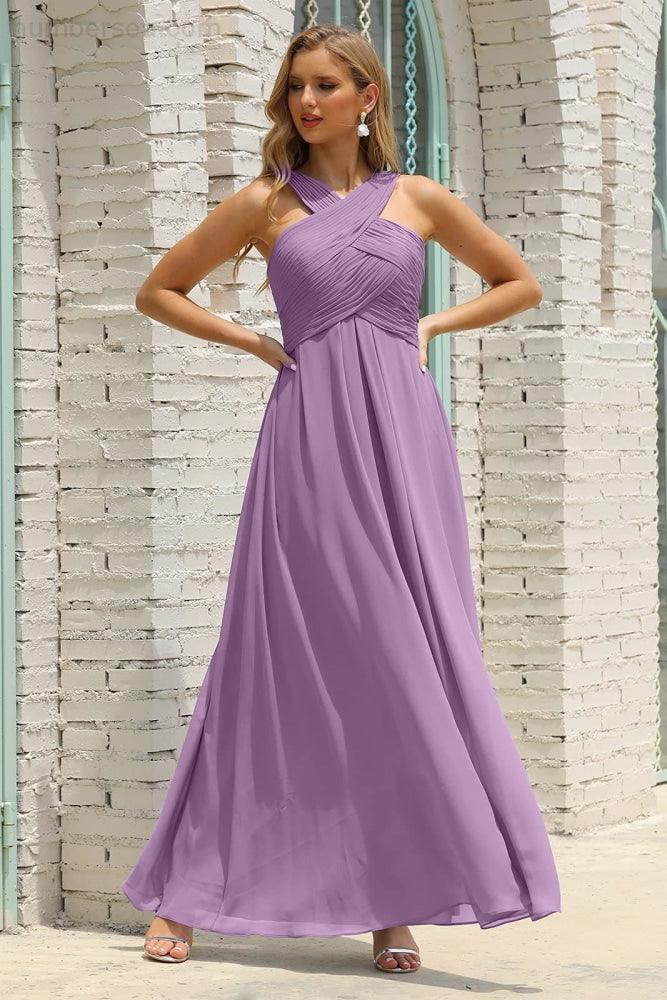 Numbersea Women Halter Chiffon Bridesmaid Dress A-line Long Formal Prom Gown SEA28015-numbersea