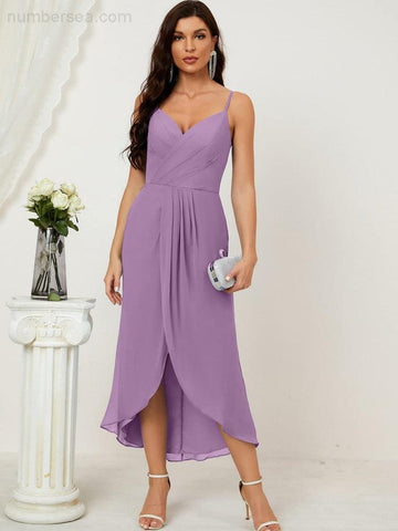 Numbersea Spaghetti Chiffon V Neck Bridesmaid Dress Mid-Length Slit Formal Prom Dress Homecoming Dress 2803-numbersea