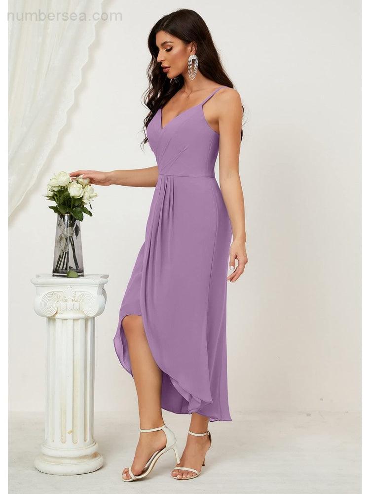 Numbersea Spaghetti Chiffon V Neck Bridesmaid Dress Mid-Length Slit Formal Prom Dress Homecoming Dress 2803-numbersea