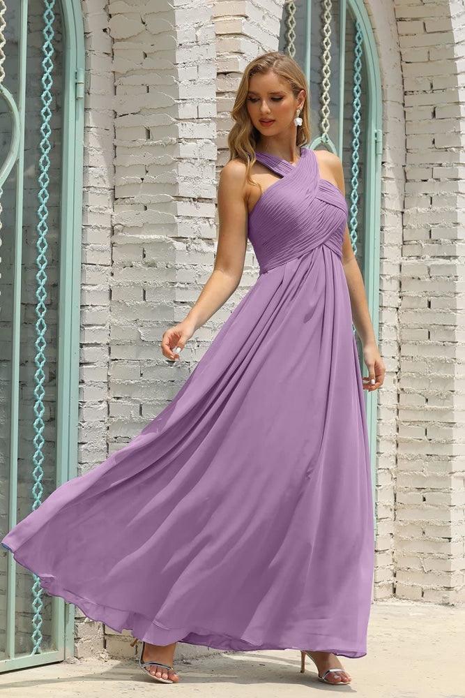Numbersea Women Halter Chiffon Bridesmaid Dress A-line Long Formal Prom Gown SEA28015-numbersea