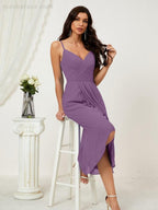 Numbersea Spaghetti Chiffon V Neck Bridesmaid Dress Mid-Length Slit Formal Prom Dress Homecoming Dress 2803-numbersea
