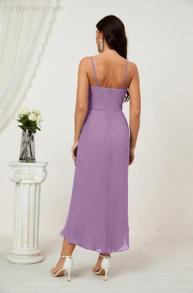 Numbersea Spaghetti Chiffon V Neck Bridesmaid Dress Mid-Length Slit Formal Prom Dress Homecoming Dress 2803-numbersea