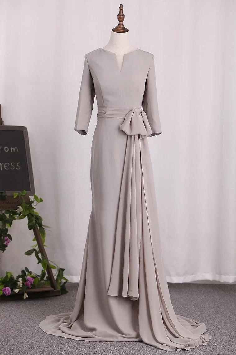 Vestidos de madre de la novia de sirena, mangas 3/4, gasa, escote redondo y faja