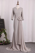 Vestidos de madre de la novia de sirena, mangas 3/4, gasa, escote redondo y faja