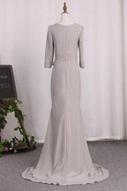 Vestidos de madre de la novia de sirena, mangas 3/4, gasa, escote redondo y faja
